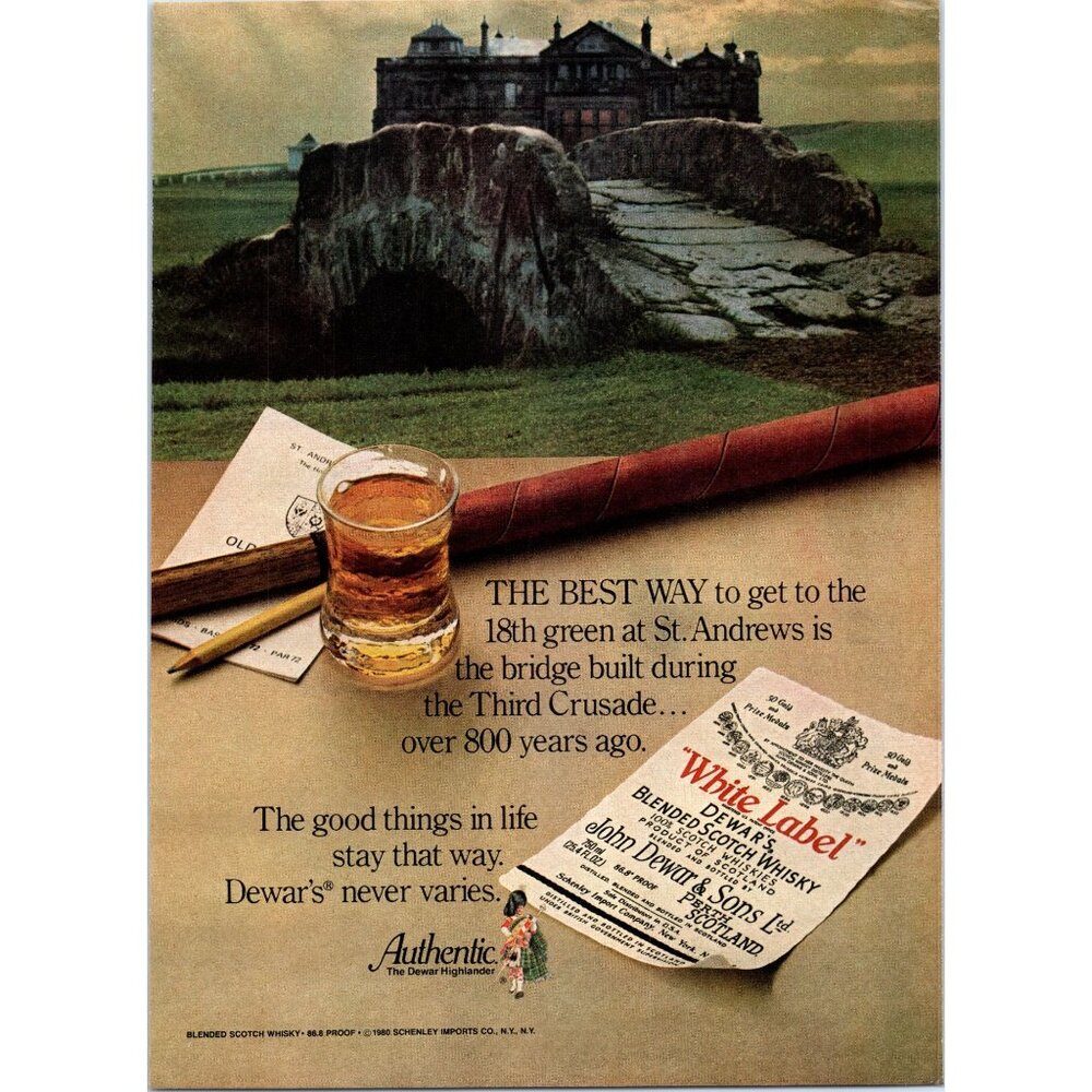 1981 Dewars White Label Scotch St. Andrews Golf Course Vintage Print Ad Wall Art